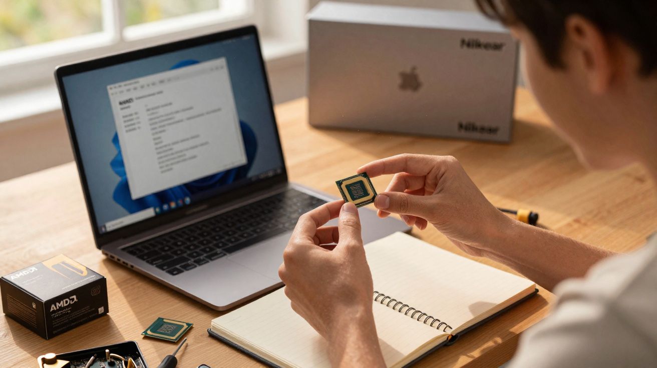 Person holding a computer processor chip near a laptop and an open notebook on a wooden desk.