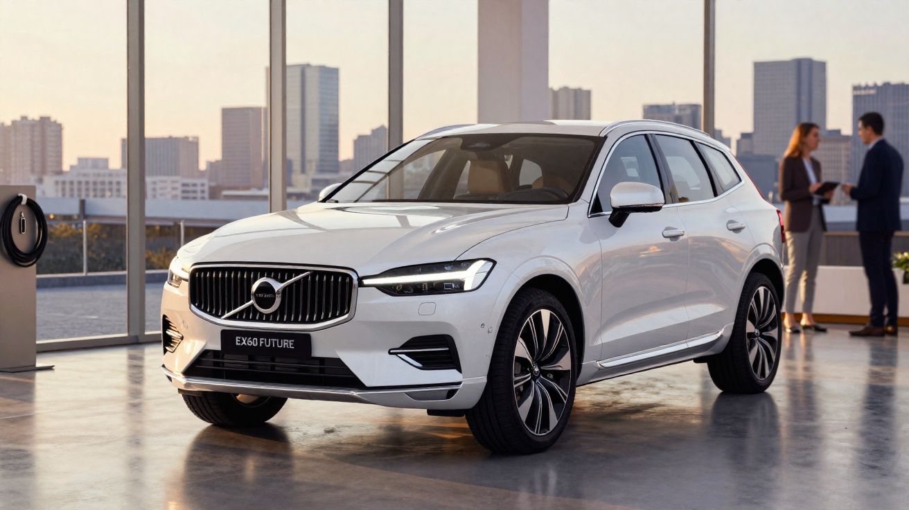 White Volvo EX60 FUTURE electric SUV in a modern showroom with city skyline visible through large windows.